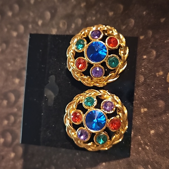Goldtone Green Red Purple Blue Glass Pierced Earrings. - Picture 2 of 3